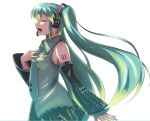  1girl akiyasu aqua_hair breasts closed_eyes detached_sleeves green_hair hatsune_miku headphones long_hair nail_polish necktie open_mouth profile simple_background skirt solo twintails very_long_hair vocaloid white_background 