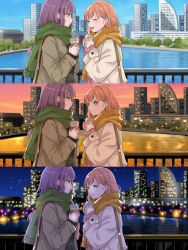  2girls :d ^_^ aqua_eyes black_sweater brown_coat cerise_bouquet city city_lights closed_eyes closed_mouth coat commentary_request cup day disposable_coffee_cup disposable_cup enpera eye_contact green_eyes green_scarf grey_skirt hair_ornament highres hinoshita_kaho holding holding_cup long_sleeves looking_at_another love_live! love_live!_hasu_no_sora_jogakuin_school_idol_club medium_hair multiple_girls night open_clothes open_coat open_mouth orange_hair otomune_kozue outdoors pink_shirt plaid_clothes plaid_skirt purple_hair rabbit_hair_ornament roku_aya_fuyu scarf shirt skirt sky sleeves_past_wrists smile star_(sky) starry_sky sunset sweater time_progression two_side_up virtual_youtuber white_coat yuri 