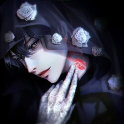  1boy aegyo_sal bad_id bad_twitter_id black_eyes black_hair black_hood body_markings cape copyright_request gloves hair_between_eyes highres hood hooded_cape lace lace_gloves looking_at_viewer male_focus miaaao_miao nose parted_bangs short_hair solo third-party_source upper_body white_gloves 