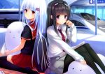  2girls :3 aixioo back-to-back black_hair earphones hair_ornament hairclip long_hair multiple_girls necktie nyoro~n original pantyhose red_eyes school_uniform serafuku shinkansen sitting skirt stuffed_toy thighhighs violet_eyes wariza white_hair zettai_ryouiki 