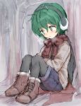  1girl against_tree antennae blush boots breath coat cross-laced_footwear earmuffs facing_away forest frown furorida green_eyes green_hair hand_on_lap highres knees_to_chest looking_down nature outdoors pantyhose scarf short_hair shorts sitting solo touhou tree wriggle_nightbug 