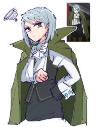  1girl ace_attorney alonemistrist anime_screenshot_inset arm_sling bandaged_arm bandages black_gloves black_skirt black_vest blue_eyes bow bowtie brooch clenched_hands closed_mouth coat coat_on_shoulders commentary cowboy_shot cropped_legs earrings english_commentary franziska_von_karma gloves green_coat grey_eyes grey_hair hand_on_own_hip highres injury jewelry juliet_sleeves light_frown long_sleeves looking_to_the_side mole mole_under_eye open_clothes open_coat phoenix_wright:_ace_attorney_-_justice_for_all puffy_sleeves reference_inset screenshot_inset shirt short_hair sideways_glance single_glove sketch skirt spoilers squiggle standing v-shaped_eyebrows vest white_background white_bow white_bowtie white_shirt 