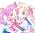  2girls :d bangs bishoujo_senshi_sailor_moon blonde_hair blue_eyes chibi_usa double_bun hug katou_sami long_hair multiple_girls open_mouth parted_bangs pink_eyes pink_hair puffy_short_sleeves puffy_sleeves school_uniform serafuku short_sleeves smile tsukino_usagi twintails 