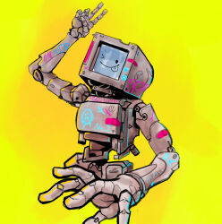  1other absurdres aerogel bandaid body_markings body_writing cytus cytus_ii highres humanoid_robot joints monitor_head paint_on_body robo_head_(cytus) robot robot_joints simple_background solo sticker sticker_on_face yellow_background 
