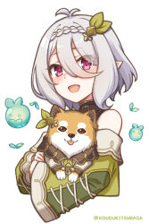  1girl :d animal blush detached_sleeves dog grey_hair holding holding_animal holding_dog kokkoro_(princess_connect!) kokkoro_(ranger)_(princess_connect!) kouzuki_tsubasa_(musou_kaidou) looking_at_viewer medium_hair princess_connect! simple_background smile twitter_username violet_eyes white_background 