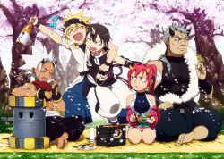  +++ 1girl 4boys abs alcohol arieko arm_around_neck arm_rest arm_wrap bad_id barefoot bento bird black_eyes black_gloves black_hair black_hairband black_pants black_shirt blonde_hair blue_pants bottle cherry_blossoms chopsticks closed_eyes closed_mouth cup dark-skinned_female dark_skin day demon_boy demon_girl demon_horns detached_sleeves drunk facial_mark falling_petals fang fingerless_gloves food gloves grass green_bird green_eyes grey_hair hairband hakuouki_(arieko) hammer hand_on_own_thigh hayate_(arieko) holding holding_bottle holding_chopsticks holding_cup holding_plate horns indian_style japanese_clothes kimono long_hair looking_at_animal looking_at_another looking_to_the_side multiple_boys muscular muscular_male narukami_(arieko) open_mouth original outdoors pants petals picnic picnic_blanket pink_sleeves plate ponytail red_eyes red_hair red_scarf rin_(arieko) sakazuki sake scarf seiza shirt short_hair single_horn sitting sleeveless sleeveless_shirt spiky_hair standing sushi tenrou_(arieko) tokkuri tree white_hair white_kimono white_pants 
