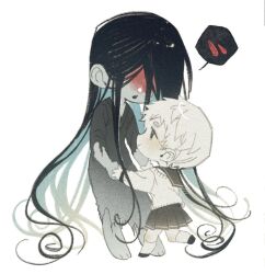  1boy 1girl absurdly_long_hair adashino_adami black_hair black_kimono blood blood_on_face chibi colored_skin commentary_request full_body grey_skin hetero highres holding_hands homicipher japanese_clothes kimono korean_commentary long_hair looking_at_another mr._crawling school_uniform serafuku short_hair simple_background skirt sweater sweeeet_him very_long_hair very_short_hair white_background white_hair 