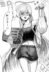  1girl bag blush cho_kaguya-hime! commentary_request crop_top glasses greyscale long_hair midriff monochrome navel pizza_box plastic_bag runami_yachiyo running shorts solo tank_top very_long_hair yukirenga_noel 
