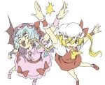  2girls ascot bat_wings blonde_hair blood blue_hair bow fang flandre_scarlet hat high_five multiple_girls one_eye_closed open_mouth red_eyes remilia_scarlet ribbon short_hair side_ponytail smile taishi_(moriverine) touhou wings 