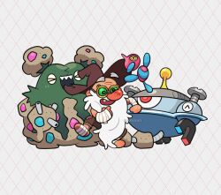  >_< 1boy ^_^ alt_text argyle_background bandaged_arm bandaged_foot bandaged_hand bandages barefoot beard brown_hat brown_pants closed_eyes commentary crossover dancing disembodied_head east-west_crossover english_commentary facial_hair fiddleford_mcgucket floating garbodor gravity_falls green-tinted_eyewear happy hat l0verseyes long_beard magnet magnezone male_focus old old_man open_mouth pants patch pokemon pokemon_(creature) pokemon_team porygon-z screw sharp_teeth smile teeth tinted_eyewear tooth twitter_username upper_teeth_only wall-eyed white_background white_beard wide_brim yellow-framed_eyewear 