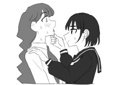  2girls blush braid commentary_request from_side grabbing_another's_chin greyscale hand_on_another's_chin highres lara_(sayonara_lara) long_hair long_sleeves looking_at_another lysine monochrome multiple_girls ootsu_mari profile sayonara_lara short_hair simple_background stitched_tongue sweat upper_body white_background yuri 