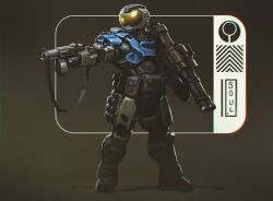  1boy absurdres aiming armor assault_visor asymmetrical_dual_wielding belt_pouch black_background chromatic_aberration commentary dual_wielding english_commentary gun highres holding load-bearing_equipment looking_to_the_side marathon_(1994) marathon_(series) pauldrons pouch power_armor rocket_launcher security_officer_(marathon) shin_guards shoulder_armor solo_focus soul_ant19 submachine_gun thigh_armor weapon 