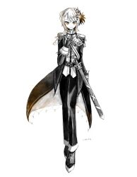  1girl aiguillette belt black_coat black_gloves black_pants blonde_hair closed_mouth coat curtained_hair diamond_hair_ornament epaulettes full_body gloves hair_ornament hand_on_own_chest hasumi_leia high_collar highres hoyama_hoya long_sleeves looking_at_viewer mahou_shoujo_no_majo_saiban pants sash scabbard sheath short_hair shoulder_sash simple_background smile solo standing sword weapon white_background yellow_eyes 