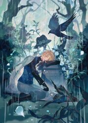  1boy absurdres bird black_boots black_gloves black_shirt blonde_hair blue_eyes blue_vest boots closed_umbrella commentary_request crow gloves grey_pants hat highres holding holding_umbrella long_sleeves male_focus one_piece outdoors pants plant portgas_d._ace rain sabo_(one_piece) sad shirt short_hair solo spoilers sqloveraven umbrella unworn_hat unworn_headwear vest 