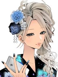  1girl absurdres black_eyes black_kimono black_nails blue_flower blue_rose cellphone commentary_request ear_piercing floral_print floral_print_kimono flower gyaru hair_flower hair_ornament highres holding holding_phone japanese_clothes kimono looking_at_viewer mole mole_under_eye naisei_0 original parted_lips phone piercing print_kimono rose simple_background smartphone solo uneven_fingernail_lengths upper_body white_background yukata 