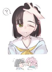  2girls ? ahoge anyoji_hime bangs_pinned_back black_hair blue_dress blunt_bangs blunt_ends blush bob_cut commentary_request dress flower flower_knot green_eyes hair_flower hair_ornament hasu_no_sora_school_uniform highres hood hood_down hooded_jacket jacket long_hair love_live! love_live!_hasu_no_sora_jogakuin_school_idol_club mihasu_ll momose_ginko multi-tied_hair multiple_girls neckerchief pink_flower pink_hair ponytail sailor_collar sailor_dress school_uniform short_hair solo_focus spoken_question_mark summer_uniform virtual_youtuber white_jacket white_sailor_collar yellow_neckerchief |_| 