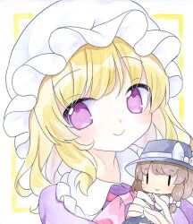  1girl blonde_hair character_doll closed_mouth collared_shirt commentary_request doll dress frilled_shirt_collar frills hat holding holding_doll kagome_f long_hair looking_at_viewer maribel_hearn mob_cap portrait purple_dress shirt smile solo touhou traditional_media usami_renko violet_eyes white_hat 
