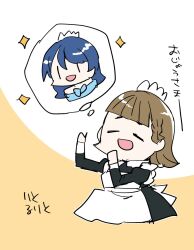  2girls :d apron black_dress blue_hair braid brown_hair center-flap_bangs cho_toutoi_love closed_eyes commentary_request dollchestra dress frilled_apron frills juliet_sleeves kachimachi_kosuzu kanduki_kamibukuro long_hair long_sleeves love_live! love_live!_hasu_no_sora_jogakuin_school_idol_club maid maid_apron maid_headdress multiple_girls murano_sayaka open_mouth puffy_sleeves side_braids simple_background smile sparkle speech_bubble spoken_character thought_bubble translation_request virtual_youtuber white_apron yellow_background |_| 