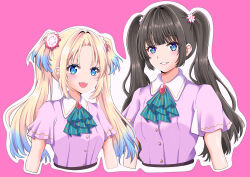  2girls 6th_live_dream_~bloom_garden_party~ :d absurdres animification ascot black_hair blonde_hair blue_eyes blue_hair blunt_bangs blush collared_dress commentary_request contrast_collar curtained_hair dream_believers dress fang flower flower_stand_art gradient_hair green_ascot grin hair_flower hair_intakes hair_ornament highres kan_kanna love_live! love_live!_hasu_no_sora_jogakuin_school_idol_club maymaru multicolored_hair multiple_girls open_mouth osawa_rurino outline parted_bangs pink_dress pink_flower real_life short_sleeves sidelocks smile twintails virtual_youtuber voice_actor voice_actor_connection white_outline 