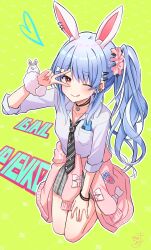  1girl :q ;q absurdres animal_ear_fluff animal_ears black_necktie blue_hair blush bow cardigan cardigan_around_waist closed_mouth clothes_around_waist collared_shirt commentary_request diagonal-striped_clothes diagonal-striped_necktie don-chan_(usada_pekora) ear_piercing full_body green_background grey_skirt hair_bow hair_ornament hairclip heart highres hololive kiritoma kneeling long_sleeves multicolored_hair necktie one_eye_closed piercing pink_cardigan pleated_skirt puffy_long_sleeves puffy_sleeves rabbit-shaped_pupils rabbit_ears red_eyes school_uniform shirt short_eyebrows side_ponytail signature simple_background skirt smile solo streaked_hair striped_clothes striped_necktie symbol-shaped_pupils thick_eyebrows tongue tongue_out usada_pekora usada_pekora_(12th_costume) v v_over_eye virtual_youtuber white_bow white_hair white_shirt 