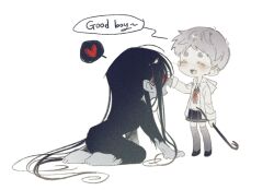 1boy 1girl absurdly_long_hair adashino_adami all_fours black_hair black_kimono blood blood_on_face chibi colored_skin crowbar english_commentary english_text full_body grey_hair grey_skin highres holding holding_crowbar homicipher jacket japanese_clothes kimono long_hair mr._crawling school_uniform serafuku short_hair simple_background skirt sweeeet_him very_long_hair very_short_hair white_background 