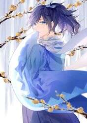  1boy blue_eyes branch closed_mouth hakama highres japanese_clothes long_hair looking_at_viewer male_focus ponytail ribbon smile solo sqloveraven touken_ranbu upper_body white_ribbon wide_sleeves yamato-no-kami_yasusada 