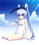  1girl animal_ears barefoot blue_eyes blue_hair blush bottle bou highres looking_at_viewer muvluv official_art open_mouth rabbit_ears school_swimsuit sitting sky swimsuit twintails white_school_swimsuit white_swimsuit yashiro_kasumi 