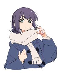  1girl absurdres black_hair blue_jacket cho_kaguya-hime! commentary green_eyes highres jacket long_sleeves mole mole_under_eye sakayori_iroha scarf short_hair simple_background solo wagariro white_background white_scarf 