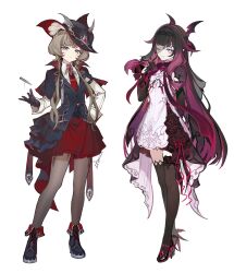  2girls absurdres black_dress black_gloves black_hair black_hat black_pantyhose black_shoes black_thighhighs black_vest blue_eyes blunt_bangs boots brown_hair chinese_commentary closed_mouth collared_shirt columbina_(big_bad_vampire)_(genshin_impact) columbina_(genshin_impact) commentary_request dress full_body genshin_impact gloves hand_on_own_hip hand_up hat head_wings high_heels highres long_hair long_sleeves looking_at_viewer multicolored_dress multicolored_hair multiple_girls necktie pantyhose pink_hair purple_hair red_necktie red_skirt sandrone_(genshin_impact) sandrone_(vampire_hunter)_(genshin_impact) shirt shoes sidelocks simple_background skirt standing tcasa thigh-highs very_long_hair vest violet_eyes white_background white_dress white_shirt wings 