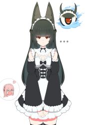  ... 2girls absurdres alternate_costume animal_ear_fluff animal_ears apron black_dress black_hair black_thighhighs blush cowboy_shot detached_sleeves dress expressionless fox_ears fox_girl frilled_apron frilled_dress frilled_sleeves frills glasses heart highres hoshimi_miyabi long_hair long_sleeves looking_at_viewer maid maid_apron maid_headdress multiple_girls open_mouth pachiki pink_hair red_eyes simple_background tailless_(zenless_zone_zero) thigh-highs tsukishiro_yanagi white_apron zenless_zone_zero 