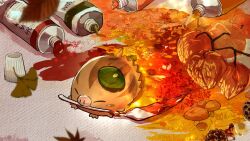  animal_focus autumn_leaves beret closed_eyes full_body green_hat hat highres holding holding_knife knife leaf mushroom no_humans oguraan paint_tube pokemon pokemon_(creature) simple_background solo standing white_background 