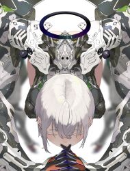  1girl absurdres closed_eyes colored_eyelashes commentary_request cyborg grey_hair highres machine mechanical_arms original own_hands_clasped own_hands_together science_fiction short_hair solo very_short_hair white_background yunimaru 