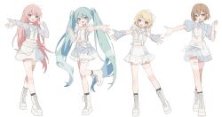  4girls aqua_eyes aqua_hair belt black_socks blonde_hair blue_eyes blue_shirt blue_skirt boots bow brown_eyes brown_hair clothing_cutout commentary_request crop_top cross-laced_shoes dot_nose full_body grey_sleeves hair_bow hair_ornament hatsune_miku highres kagamine_rin lace-up_boots layered_skirt lineup long_hair looking_at_viewer megurine_luka meiko_(vocaloid) midriff moo_n_moko multiple_girls navel open_mouth outstretched_arm pink_hair platform_boots platform_shoes puffy_short_sleeves puffy_sleeves shirt shoes short_hair short_sleeves simple_background skirt smile socks standing standing_on_one_leg thigh_strap twintails very_long_hair vocaloid white_background white_belt white_bow white_shirt white_shoes white_skirt 