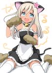  1girl :d absurdres alternate_costume animal_ears bell blue_eyes cat_ears cat_paws cat_tail fake_animal_ears highres kantai_collection long_hair looking_at_viewer maid open_mouth paws ro-500_(kantai_collection) ryuki_(ryukisukune) silver_hair sitting smile solo tail tan tanline thigh-highs translation_request white_legwear zettai_ryouiki 