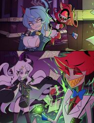  1boy 3girls absurdres ahoge ako_(blue_archive) alastor_(hazbin_hotel) alternate_hairstyle anger_vein annoyed belt black_belt black_coat black_necktie black_thighhighs blue_archive blue_bow blue_bowtie blue_eyes blue_hair bow bowtie breasts buttons coat coat_on_shoulders colored_sclera colored_skin creammilk_tea crossover demon_girl demon_horns east-west_crossover english_text fur-trimmed_coat fur_trim gehenna_academy_logo grin hair_between_eyes hair_ornament hair_ribbon hairclip half_updo halo hand_on_own_chin hazbin_hotel hellaverse highres hina_(blue_archive) holding holding_paper horns id_card lanyard long_hair long_sleeves looking_at_another military_uniform monocle monocle_chain multiple_girls necktie niffty_(hazbin_hotel) open_clothes open_coat paper parody parted_bangs pencil_skirt red_eyes red_hair red_sclera ribbon runes sam_browne_belt schale_logo sharp_teeth side_slit sideboob sidelocks skirt smile smirk standing style_parody suit teeth thigh-highs toon_(style) violet_eyes vivziepop_(style) wavy_hair white_hair white_skin white_suit yellow_eyes zettai_ryouiki 