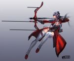  1girl aiming archery arrow bow_(weapon) breasts chain cleavage compound_bow cropped_jacket detached_leggings elf gloves grey_eyes grey_hair highres jjune large_breasts leotard making_of pauldrons pointy_ears shiny shiny_skin short_hair showgirl_skirt simple_background solo thigh-highs weapon 