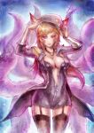  1girl ahri alternate_costume animal_ears blonde_hair breasts fox_ears fox_tail hat highres hips large_breasts league_of_legends lipstick loiza makeup multiple_tails red_eyes short_hair solo tail thighhighs 