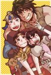  1girl 3boys blue_eyes brown_eyes brown_hair closed_eyes flik gensou_suikoden gensou_suikoden_ii gloves hand_on_another&#039;s_head hand_on_shoulder headband mukumuku multiple_boys nanami polka_dot polka_dot_background riou scarf short_hair smile t___t___n viktor yellow_background 