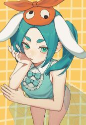  1girl aqua_eyes aqua_hair checkered_background closed_mouth doll googly_eyes hat highres looking_at_viewer mitomori_(silverowl6) monogatari_(series) ononoki_yotsugi orange_hat playboy_bunny short_hair simple_background twintails 