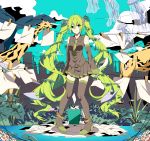  1girl ahoge anklet boots clothesline detached_sleeves giraffe green_eyes green_hair hatsune_miku high_heels highres jellyfish jewelry leaf long_hair necktie pigeon-toed sinomi skirt solo thigh_boots thighhighs twintails very_long_hair vocaloid 