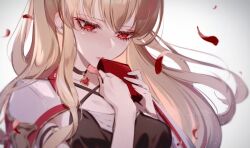  1girl black_choker black_dress blonde_hair box breasts choker dress granblue_fantasy heart heart_choker holding jacket jacket_on_shoulders kogome_(azalea4) long_hair looking_down official_alternate_costume petals red_eyes solo upper_body valentine vira_(granblue_fantasy) white_jacket 
