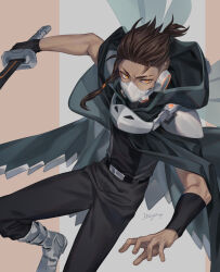  1boy armor armored_boots black_pants black_shirt boots brown_hair cape commentary_request cytus cytus_ii dark_skin gloves highres holding holding_sword holding_weapon itsuya_(daystar) low-tied_sidelocks mask mouth_mask pants sagar_(cytus) shirt shoulder_armor sidelocks single_glove single_sidelock solo sword undercut weapon yellow_eyes 