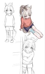  1girl 4niichi aged_down ahoge animal_ears bandaged_leg bandages barefoot blush child ear_ornament grey_eyes grey_hair hair_between_eyes highres horse_ears horse_girl horse_tail looking_at_viewer multiple_views oguri_cap_(umamusume) peeking_out ponytail red_sweater ringed_eyes shoes shorts sitting sketch socks solo sweater tail umamusume 