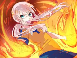  1boy fire glasses green_eyes inazuma_eleven_(series) inazuma_eleven_go inazuma_eleven_go_chrono_stone kirino_ranmaru kirino_ranmaru_(mixi_max_jeanne_d&#039;arc) long_hair male open_mouth pimgier pink_hair raimon soccer_uniform solo twintails 