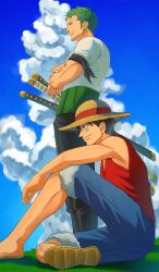 2boys absurdres bandana bandana_around_arm bare_arms bare_shoulders black_bandana black_hair black_pants blue_shorts blue_sky closed_mouth clouds cloudy_sky commentary_request crossed_arms earrings foot_out_of_frame from_side fur-trimmed_shorts fur_trim green_hair haramaki hat highres jewelry katana knee_up korean_commentary kuni_929 looking_ahead male_focus monkey_d._luffy multiple_boys one_piece outdoors pants profile red_vest roronoa_zoro sandals scar scar_on_cheek scar_on_face sheath sheathed shirt short_hair short_sleeves shorts sitting sky smile standing straw_hat sword vest weapon white_shirt 