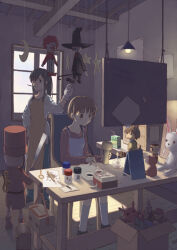  2girls apron art_brush bad_id black_hair black_shoes blue_eyes blue_pants book box brown_eyes brown_hair candle chair closed_mouth clown concentrating crescent day doll drink_carton fire grey_socks hanging_light hat hiboshi_daizu holding holding_doll holding_paintbrush indoors japanese_saw juice_box medium_hair mouth_hold multiple_girls open_book orange_apron original paintbrush pants paper pencil pink_apron ponytail red_shirt saw shirt shoes short_hair sitting socks standing star_(symbol) stuffed_animal stuffed_rabbit stuffed_toy table teddy_bear toy white_shirt winding_key window window_shadow witch_hat wood_carving_tool woodcutter 