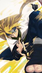  1boy 7iyuu blonde_hair blue_eyes flak_jacket forehead_protector highres hokage holding holding_kunai holding_weapon jacket konohagakure_shinobi_uniform konohagakure_symbol kunai male_focus messy_hair namikaze_minato naruto_(series) naruto_shippuuden smile solo spiky_hair weapon yellow_theme 