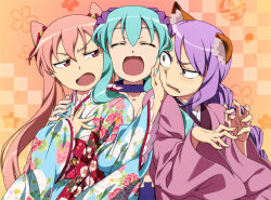  3girls animal_ear_fluff animal_ears annoyed arieko arm_around_shoulder bad_fc2_link bad_id bad_link blue_hair blue_kimono blue_nails bow braid chihiro_(arieko) closed_eyes fang floral_print floral_print_kimono fox_ears hair_ribbon hand_on_another's_cheek hand_on_another's_face hand_on_another's_shoulder hands_up haori happy japanese_clothes kimono kinui_(arieko) long_hair multiple_girls nail_polish obi open_mouth orange_background original pink_eyes pink_hair pink_haori print_bow print_kimono purple_hair pushing_away red_bow red_eyes red_ribbon red_sash ribbon sash single_braid smile sweat twintails upper_body v-shaped_eyebrows wide_sleeves yaeka_(arieko) 
