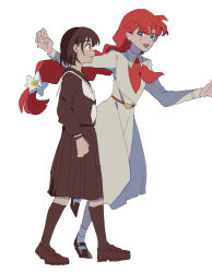  2girls black_eyes black_hair black_serafuku black_shirt black_skirt black_socks blue_eyes commentary dress flower hair_flower hair_ornament lara_(sayonara_lara) long_hair low-tied_long_hair multiple_girls neckerchief ootsu_mari red_hair san_du sayonara_lara school_uniform serafuku shirt short_hair skirt socks very_long_hair white_dress white_flower white_neckerchief white_socks 