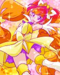  1girl amanogawa_kirara armpits bow cure_twinkle earrings go!_princess_precure jewelry long_hair low-tied_long_hair magical_girl multicolored_hair null2deoru orange_hair precure redhead skirt smile solo sparkle star star_earrings streaked_hair thigh-highs twintails two-tone_hair violet_eyes 